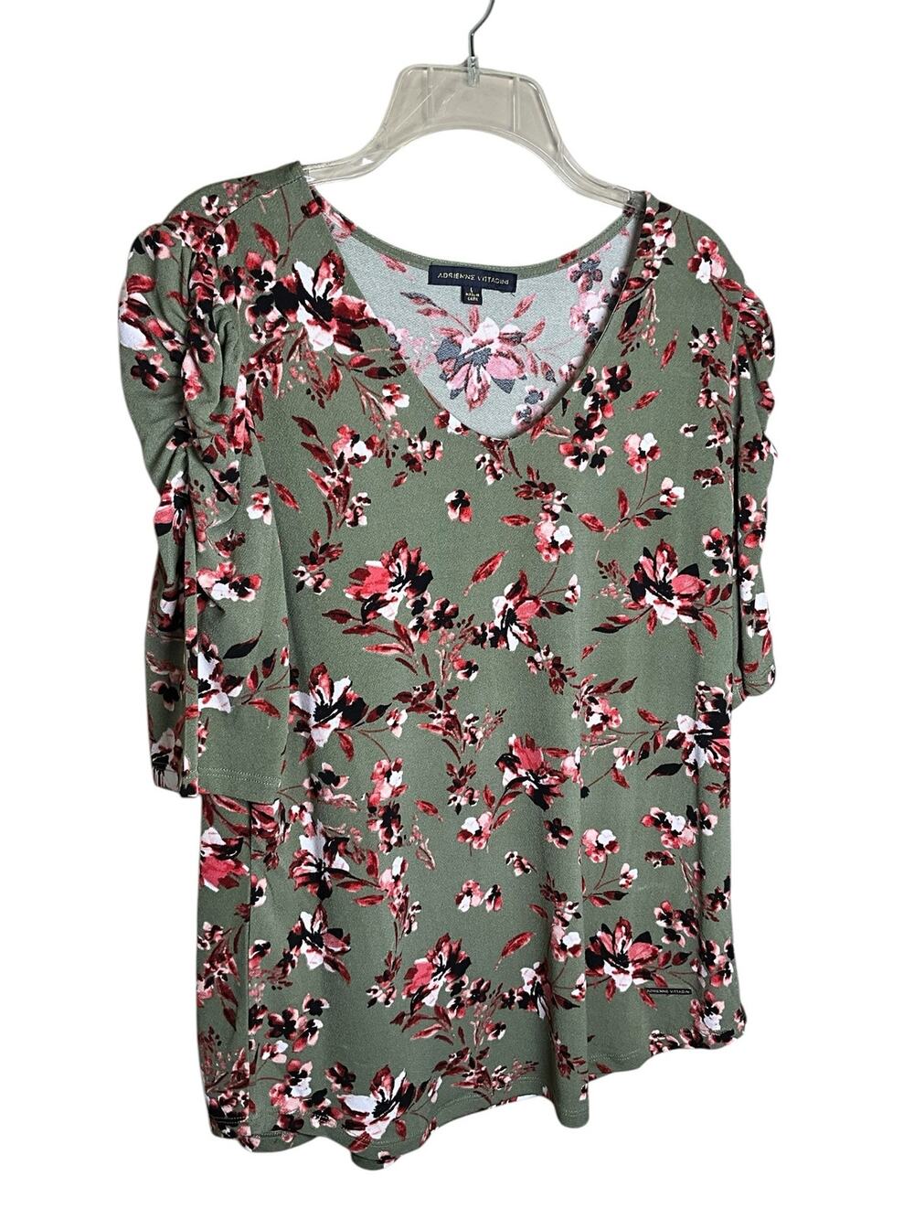 Adrienne Vittadini Blouse Top Womens Large Green Floral Stretch V Neck Pullover